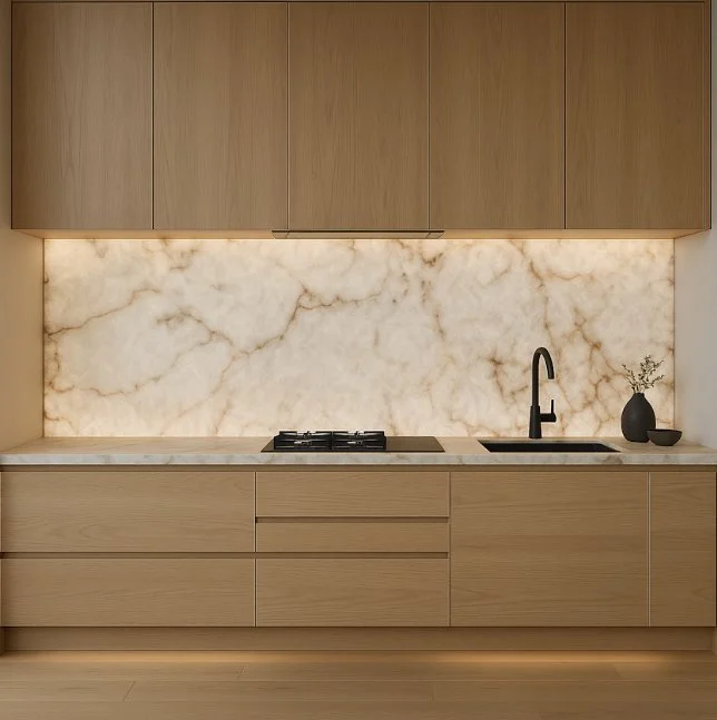 Modern wood kitchen with a large veined stone backsplash, matching countertop, black faucet, sink, and cooktop.