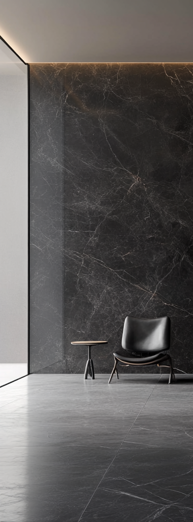 Modern interior with a black leather chair and a small round wooden side table against a dark marble wall with subtle veining.