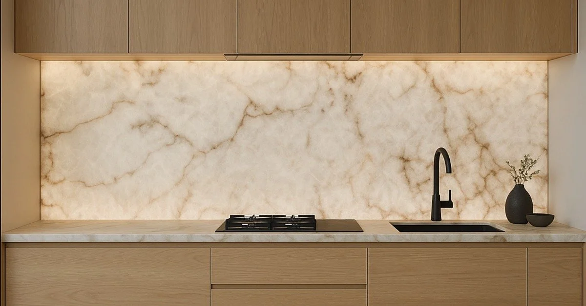 A wood kitchen with a marble backsplash, black faucet, cooktop, sink, under-cabinet lighting, and small vase.