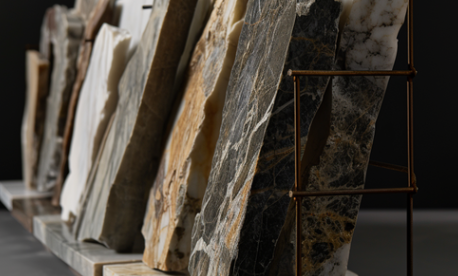 Natural stone slabs in white, gray, black, and gold tones displayed upright in a showroom against a dark background.