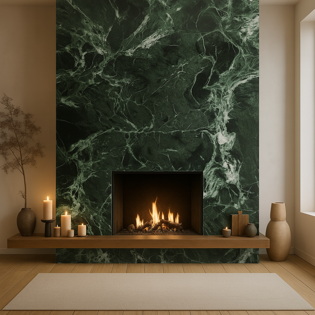 Floor to ceiling natural stone fireplace surround using large format stone slabs