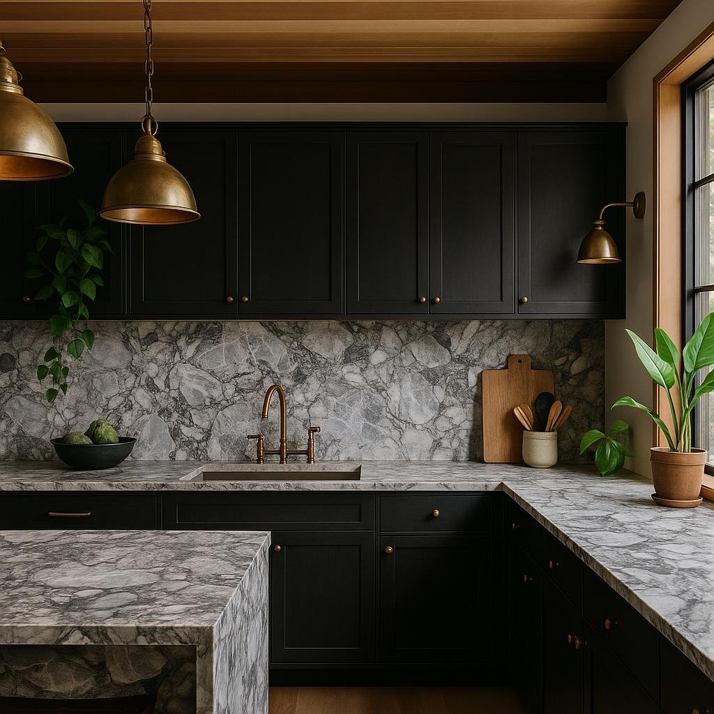 Full-height marble slab backsplash with natural veining in designer kitchen