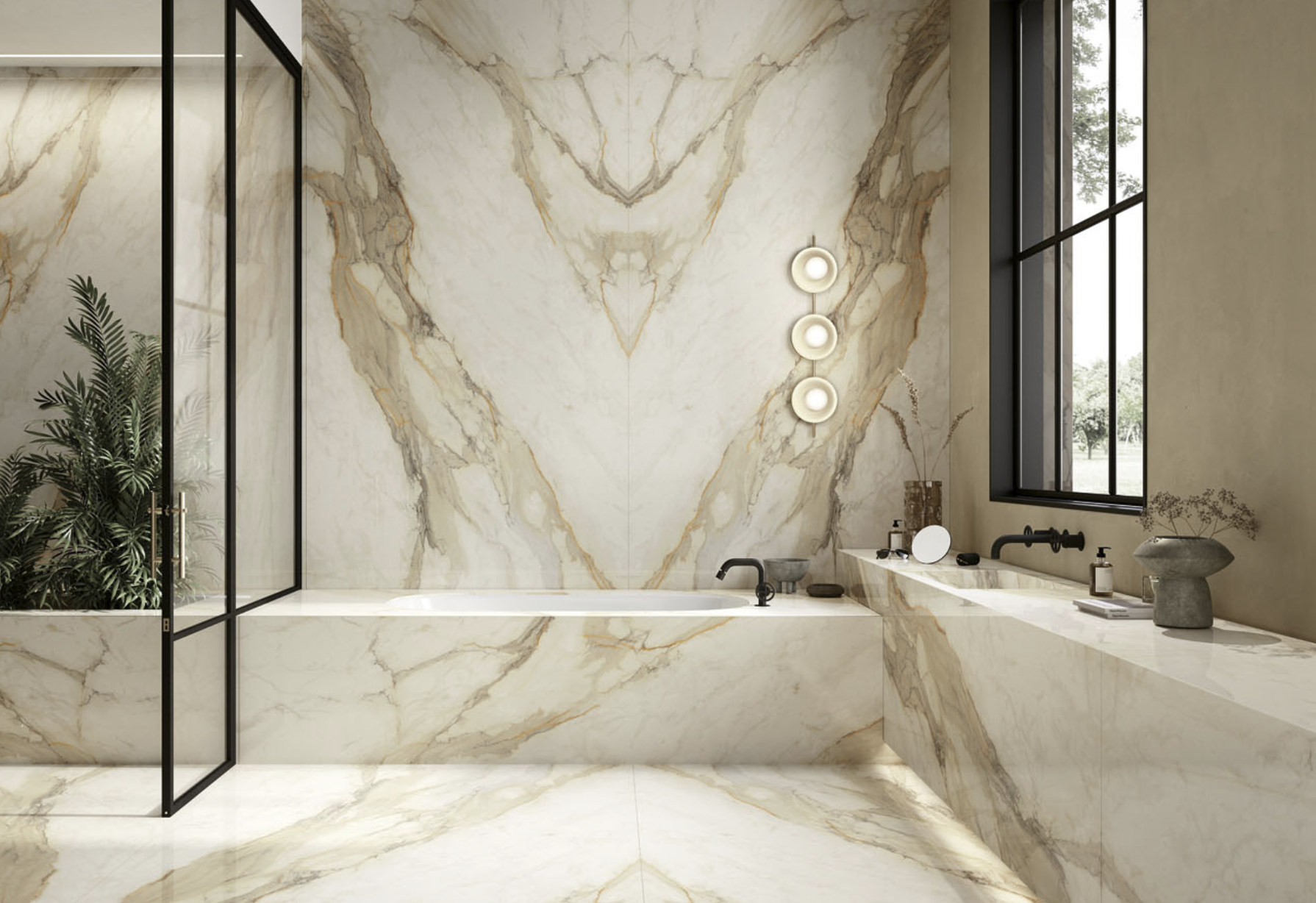 Luxury bathroom with full slab natural stone shower walls and stone vanity