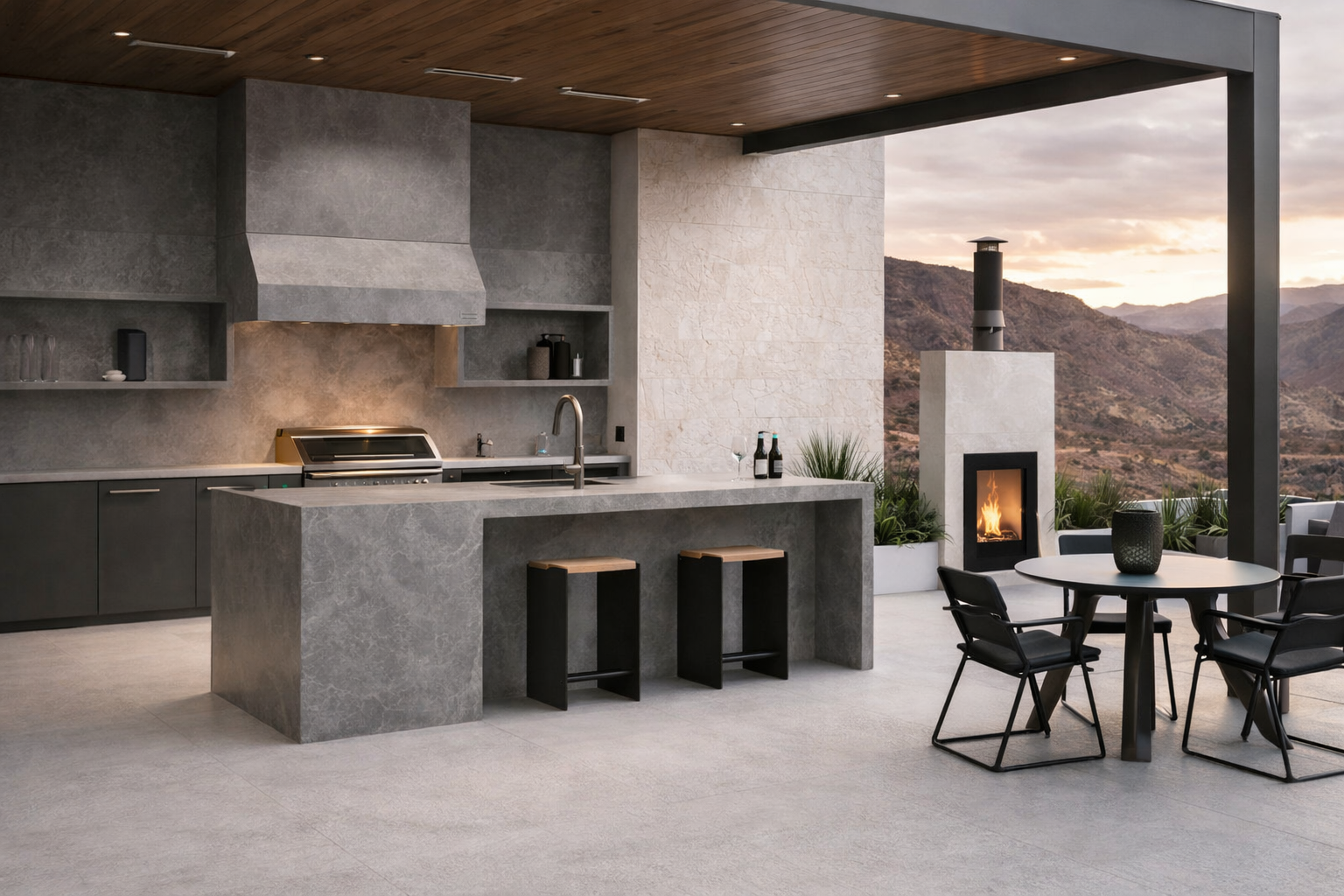 luxury outdoor living space stone kitchen patio design modern backyard oasis with stone materials Arizona home seamless indoor outdoor stone design modern home