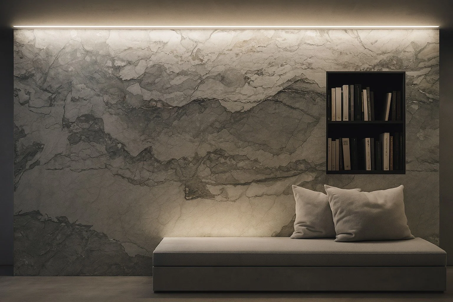 Custom built in shelving with natural stone backing and wood cabinetry