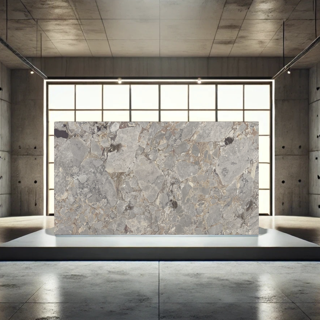 A large marble slab on display in an art gallery with concrete walls and a large window in the background.