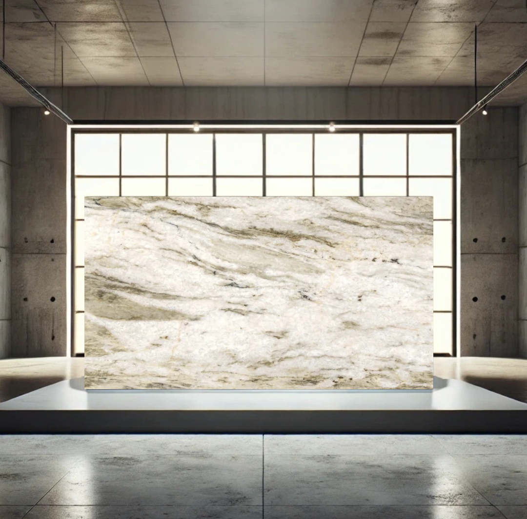 A large marble slab with beige and brown veining, displayed on a white base in a modern industrial-style room with concrete walls and illuminated grid windows.