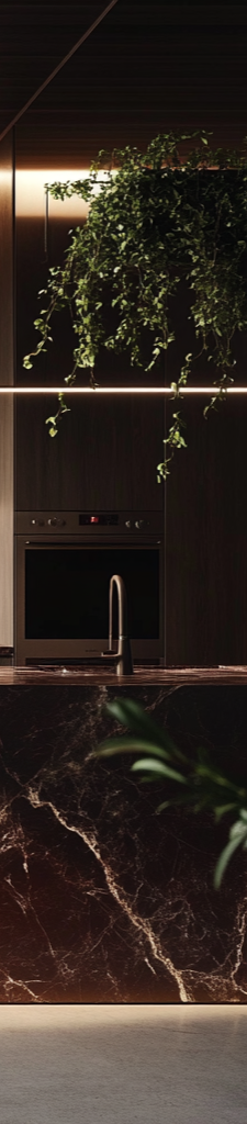 Modern kitchen with dark wood cabinets, marble island, hanging ivy plant above, and built-in microwave.