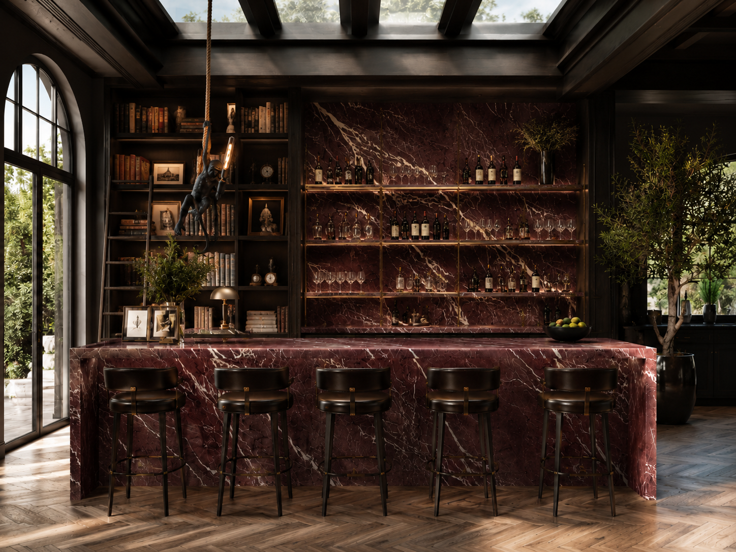 Luxury home bar featuring statement natural stone slab backsplash and countertop