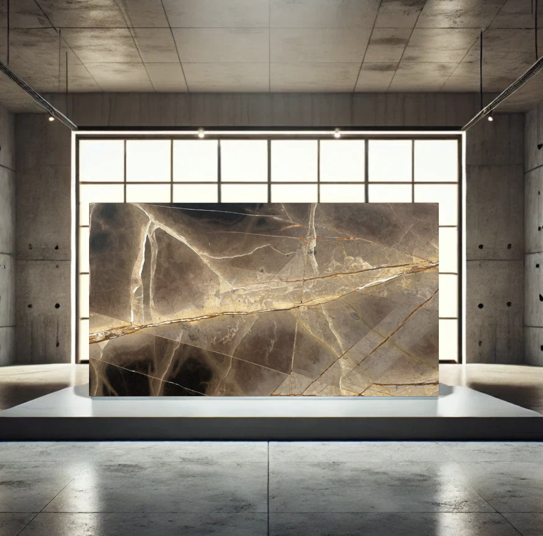 A large marble slab with brown, beige, and black veining displayed in a modern, minimalist room with concrete walls and large grid windows.