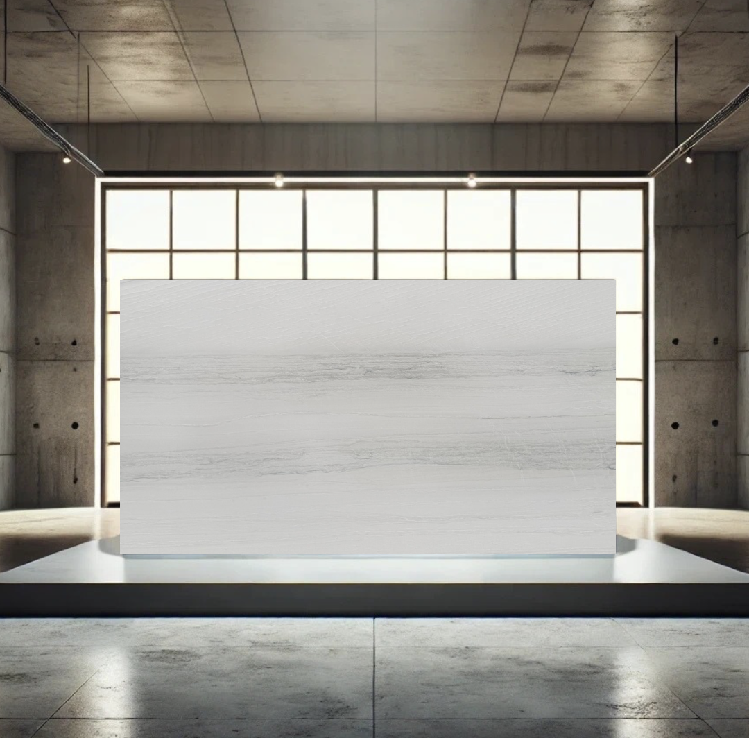 A large rectangular marble display stand in a modern, industrial-style showroom with concrete walls and a high ceiling, backlit by large grid window panels.