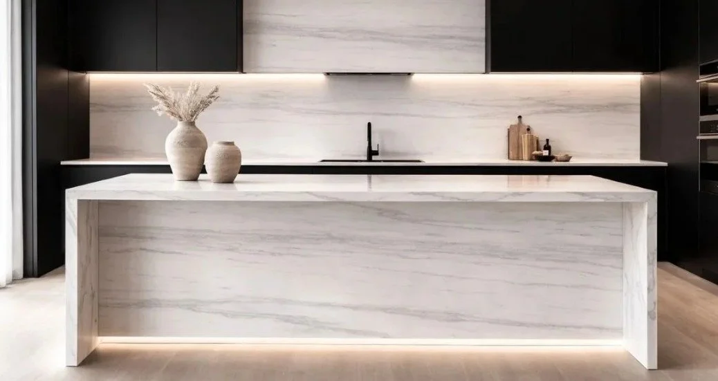 Large white marble kitchen island with gray veining, matching backsplash, black cabinets, and warm undercabinet lighting.