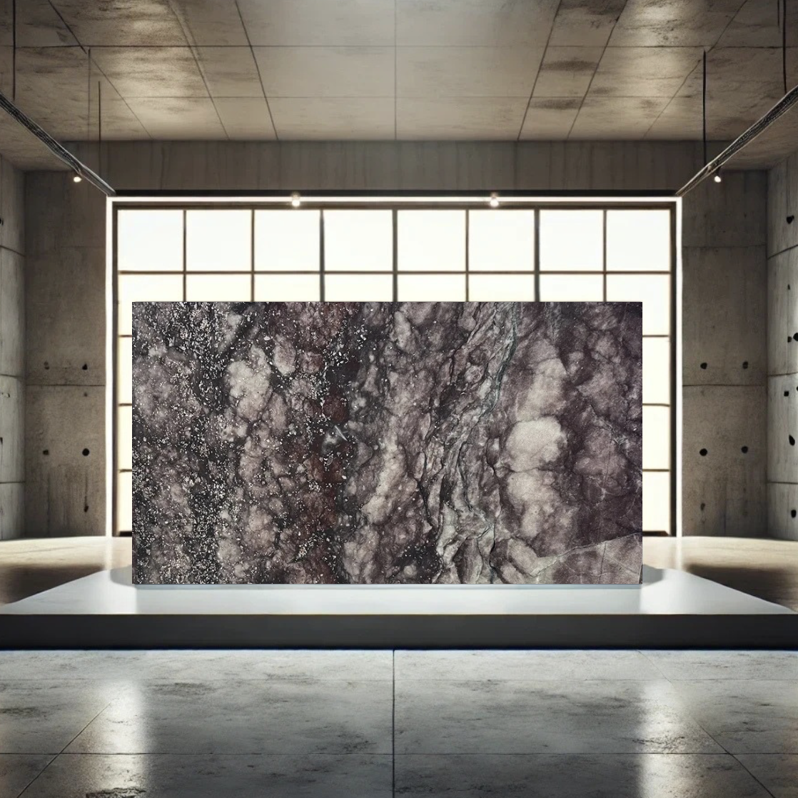 A large marble slab with a dark and light veined pattern displayed on a pedestal inside a modern, industrial-style room with concrete walls and a large grid-patterned window in the background.