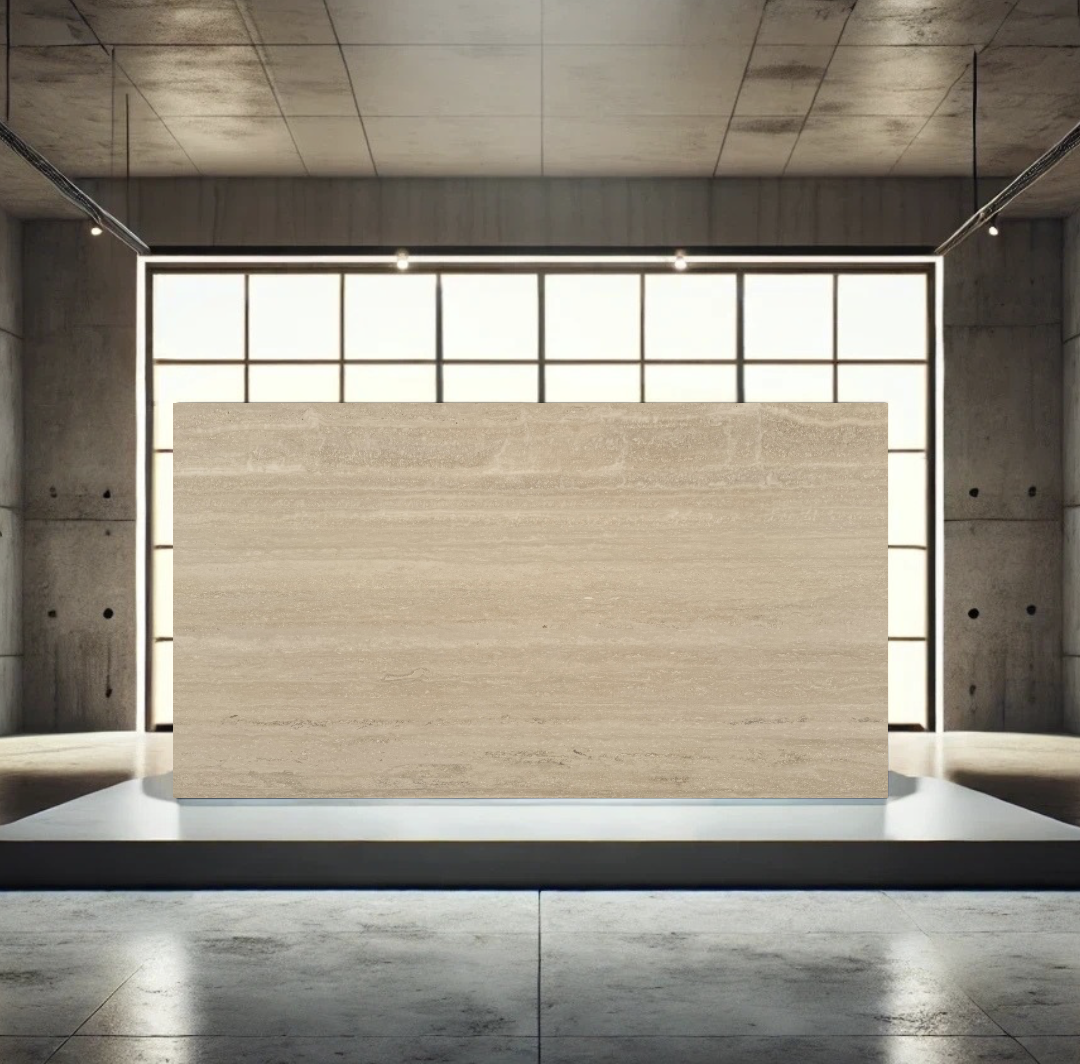 A modern gallery with a large beige marble display or wall, illuminated by natural light from a large grid window behind it, in an industrial-style concrete room.