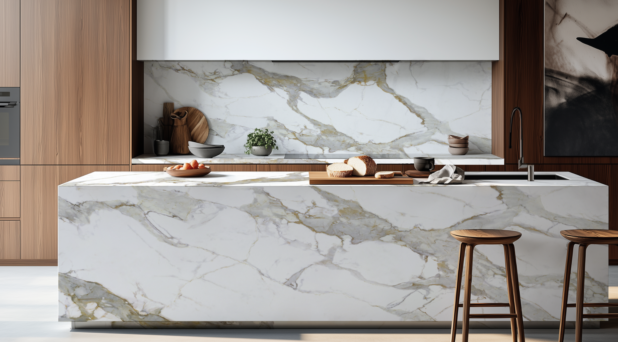 Silica-free recycled glass countertop with marble-look veining