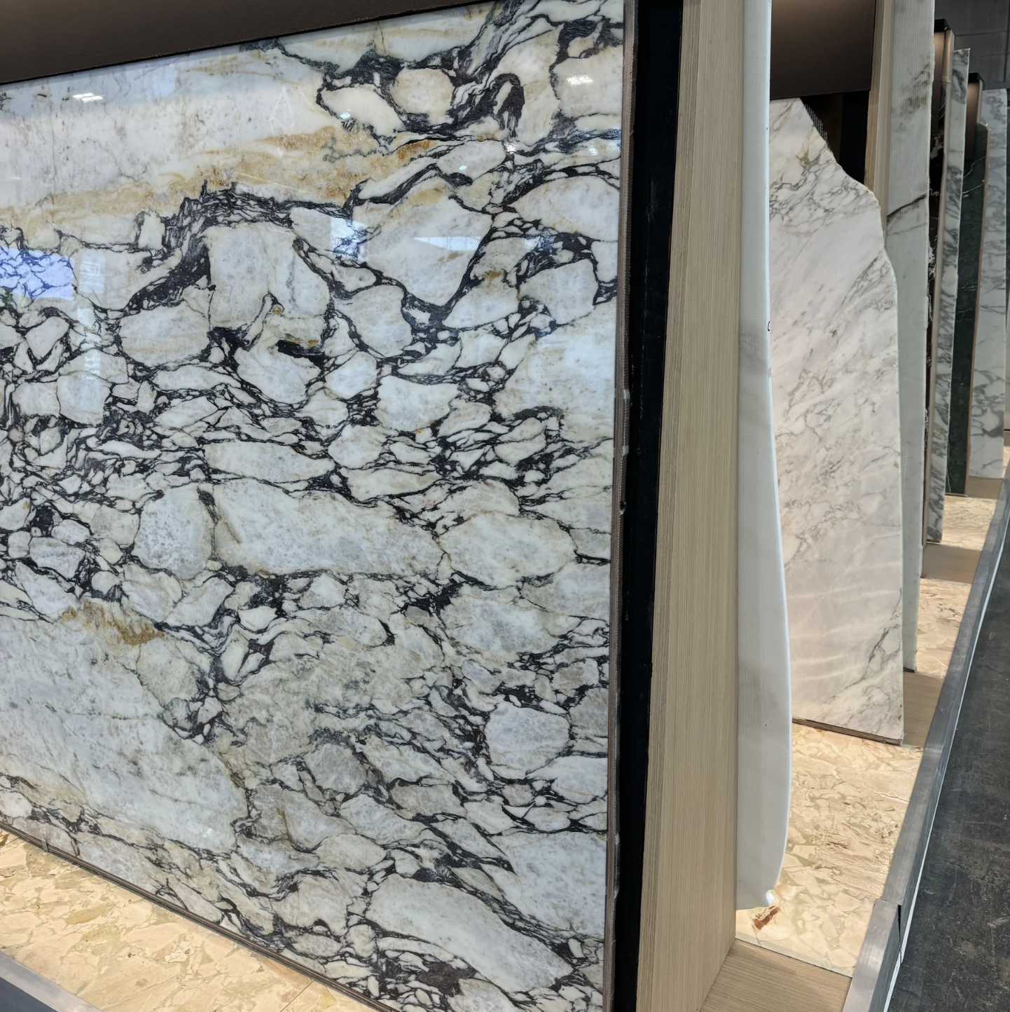 Luxury natural stone slabs displayed in a showroom.