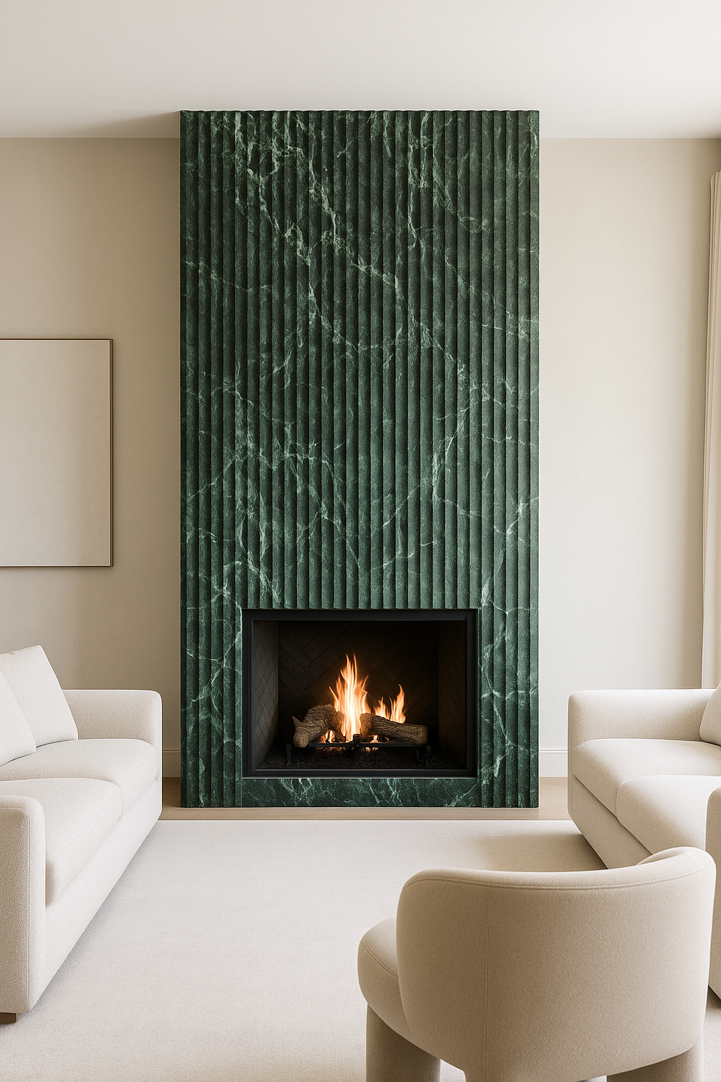 Modern living room with a green marble fireplace, white couches, and a beige armchair on a light carpet.