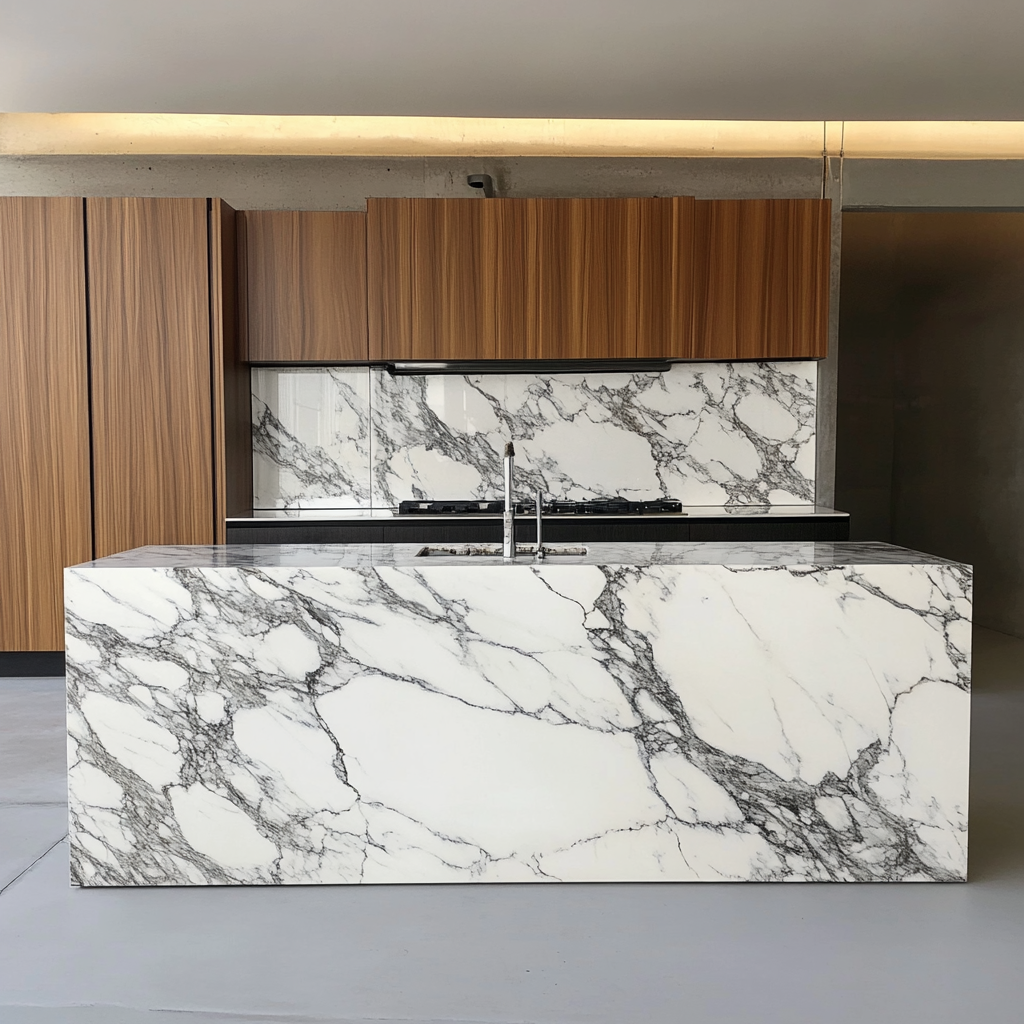 Bookmatched marble or quartzite slab backsplash behind range hood