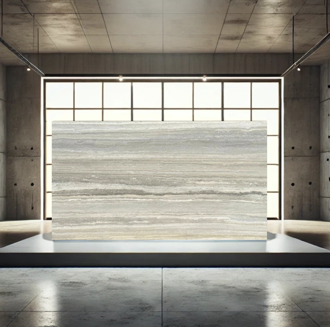 A large rectangular slab of layered gray and beige stone on a white platform inside a modern, industrial-style room with concrete walls and ceiling, illuminated by natural light from a large backlit window.