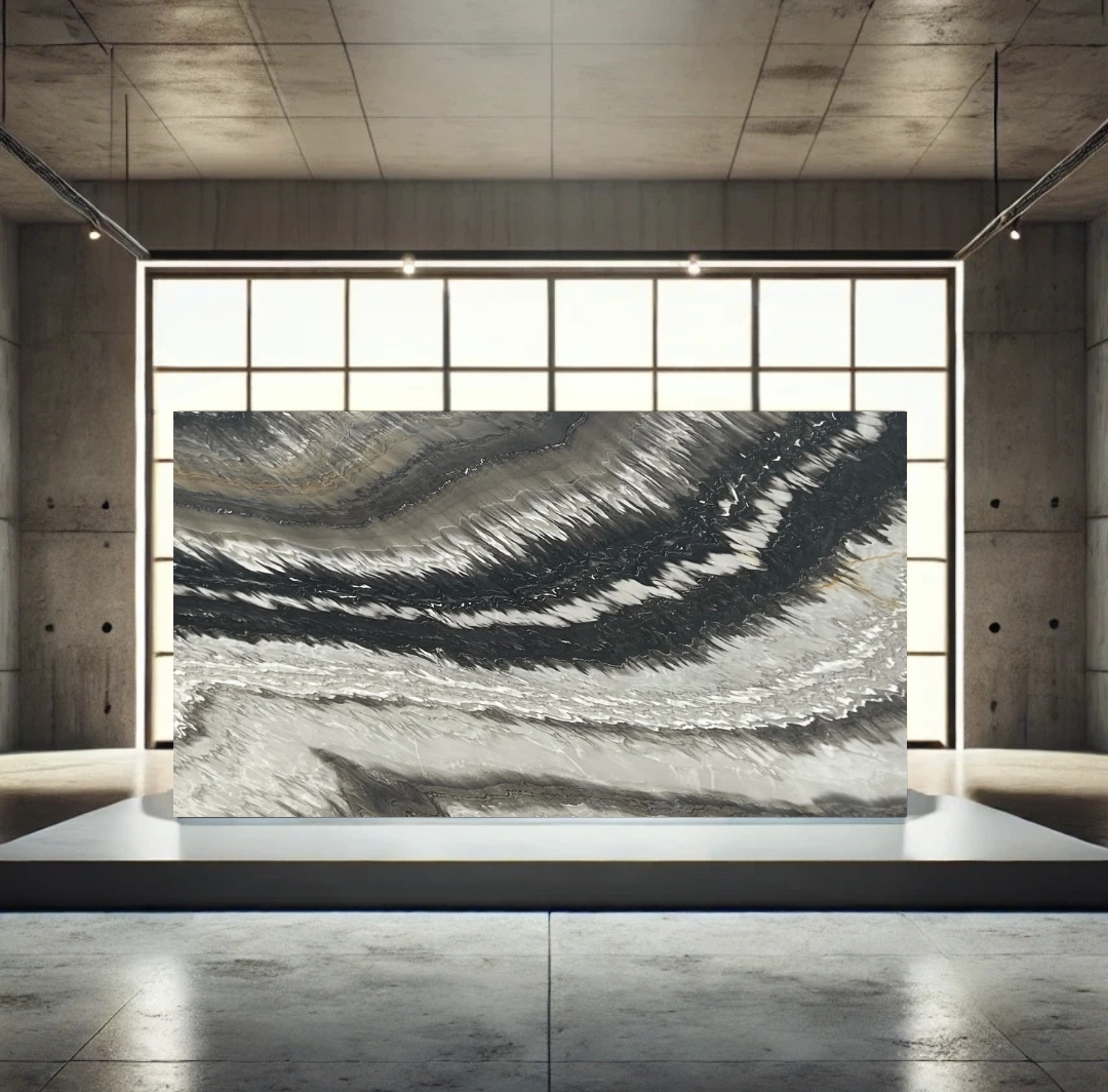 A large abstract black, white, and gray painting displayed in a modern gallery with concrete walls, a large illuminated window, and spotlighting.