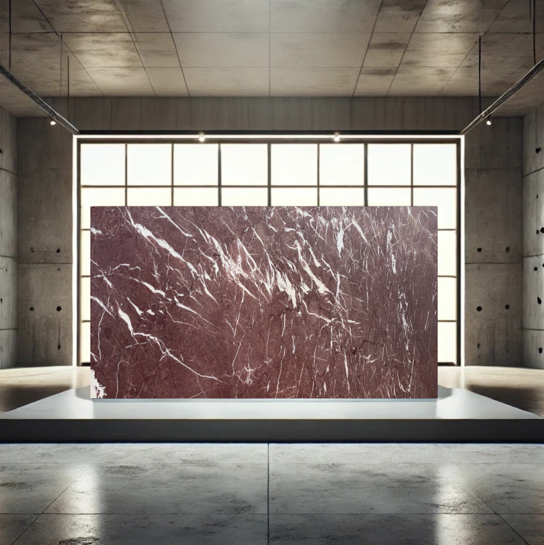 A large, polished marble block with a reddish-brown color and white veining, displayed on a white platform inside a modern, industrial-style room with concrete walls and large windows.