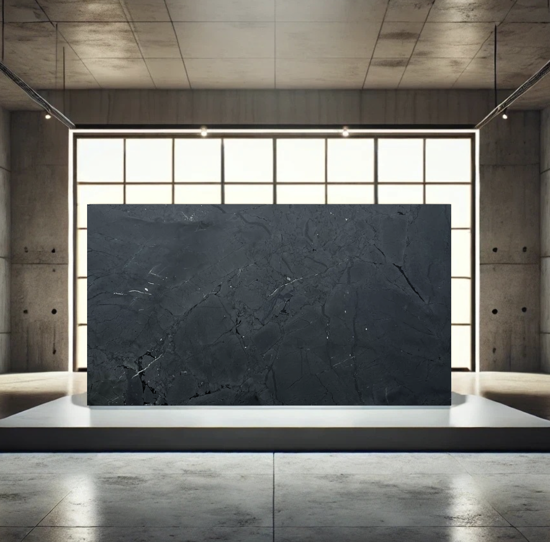 A large marble or stone slab displayed in a modern, industrial-style room with concrete walls and a grid of backlit windows.