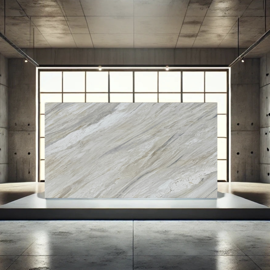 A large rectangular marble slab with a gray and beige veined pattern displayed on a pedestal in a modern industrial gallery space with concrete walls and large window.