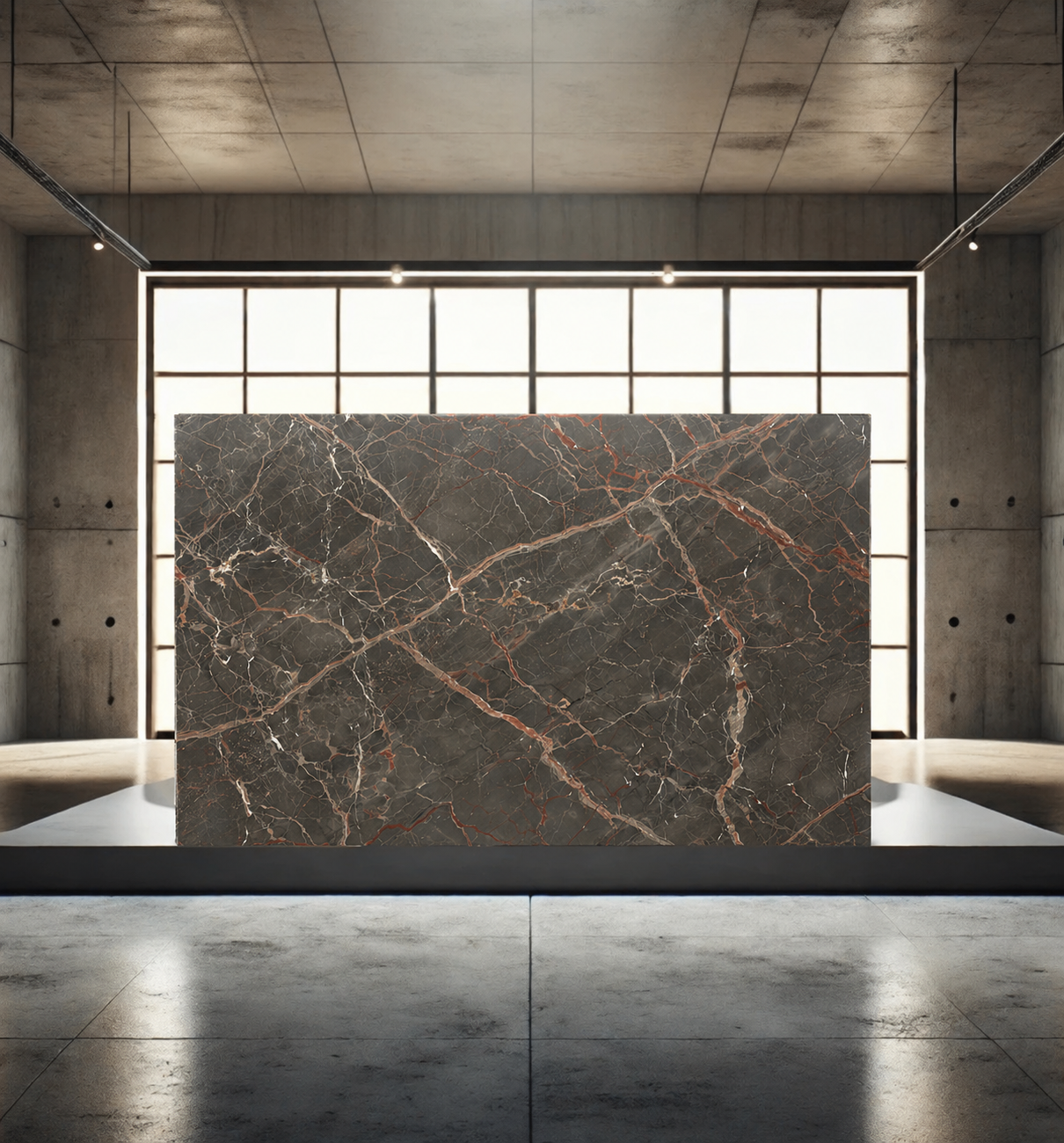 A large marble block with dark gray and reddish-brown veining in a spacious room with concrete walls and large window.