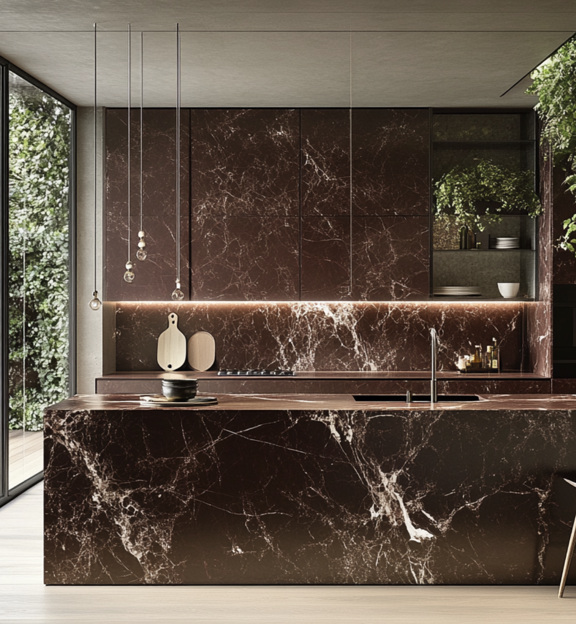 Bookmatched marble or quartzite slab backsplash