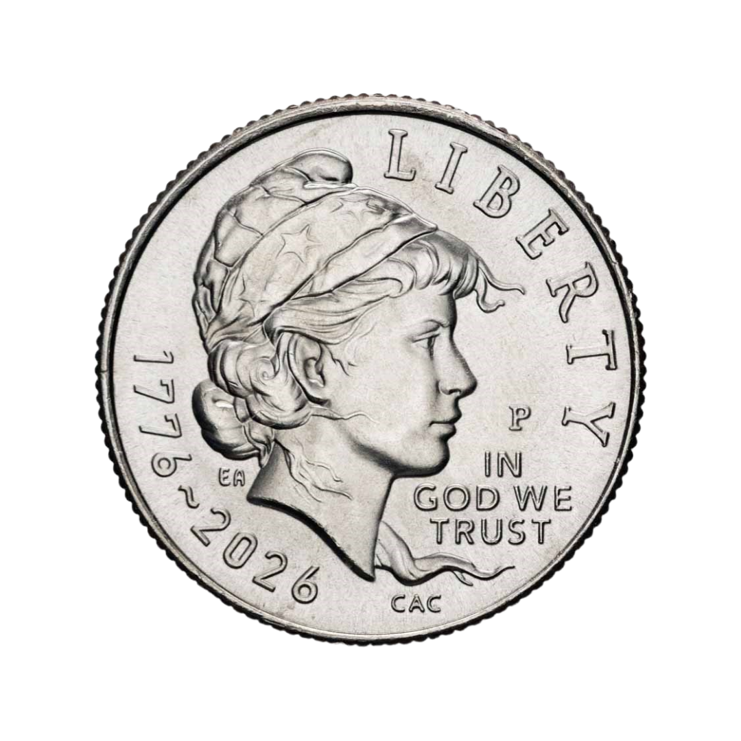 silver circular coin with a woman's face on it with her hair flowing dated 1776 - 2026