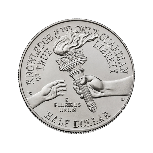 reverse of a coin with liberty torch, half dollar semiquincentennial