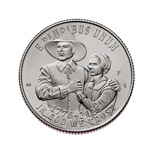 new semiquincentennial quarter obverse with a couple landing from the mayflower 1776 - 2026