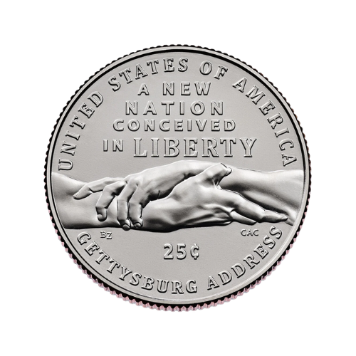 New semiquincentennial quarter gettysburg address design hands shaking 25c