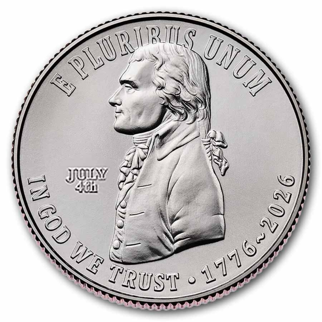 circular silver coin showing a man facing west face and torse with july 4th privy mark and dated 1776 - 2026