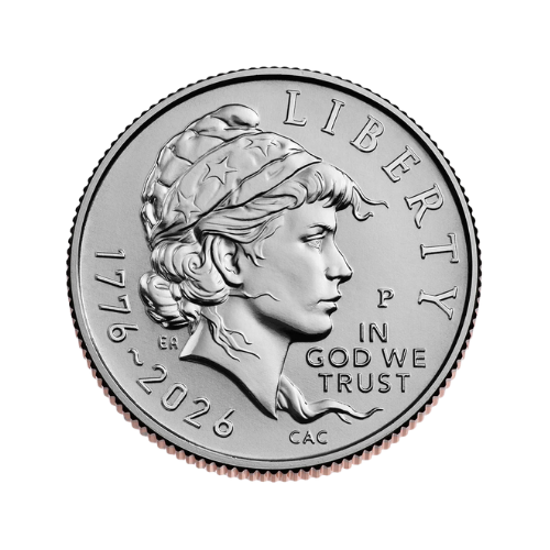 silver coin showing liberty and in God we trust with the dates 1776 - 2026 and a lady