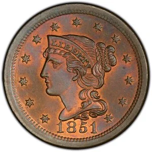 1851 Braided Hair Large Cent Obverse