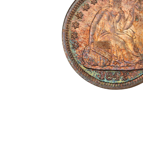 close up of a seated liberty U.S. silver coin dated 1842