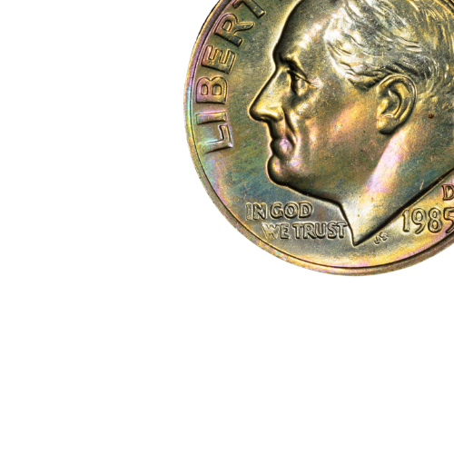 close up image of a coin with roosevelt and date 1985 with a D mint mark