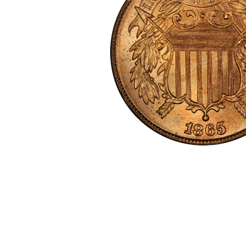 close up image of a copper two-cent coin with shield and date 1865
