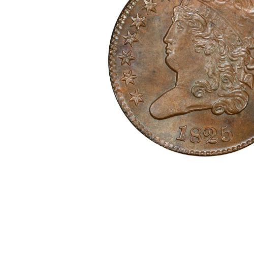 close up photo of a half cent U.S. coin dated 1825 liberty and stars