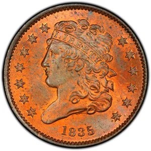 1835 half cent rare coin obverse