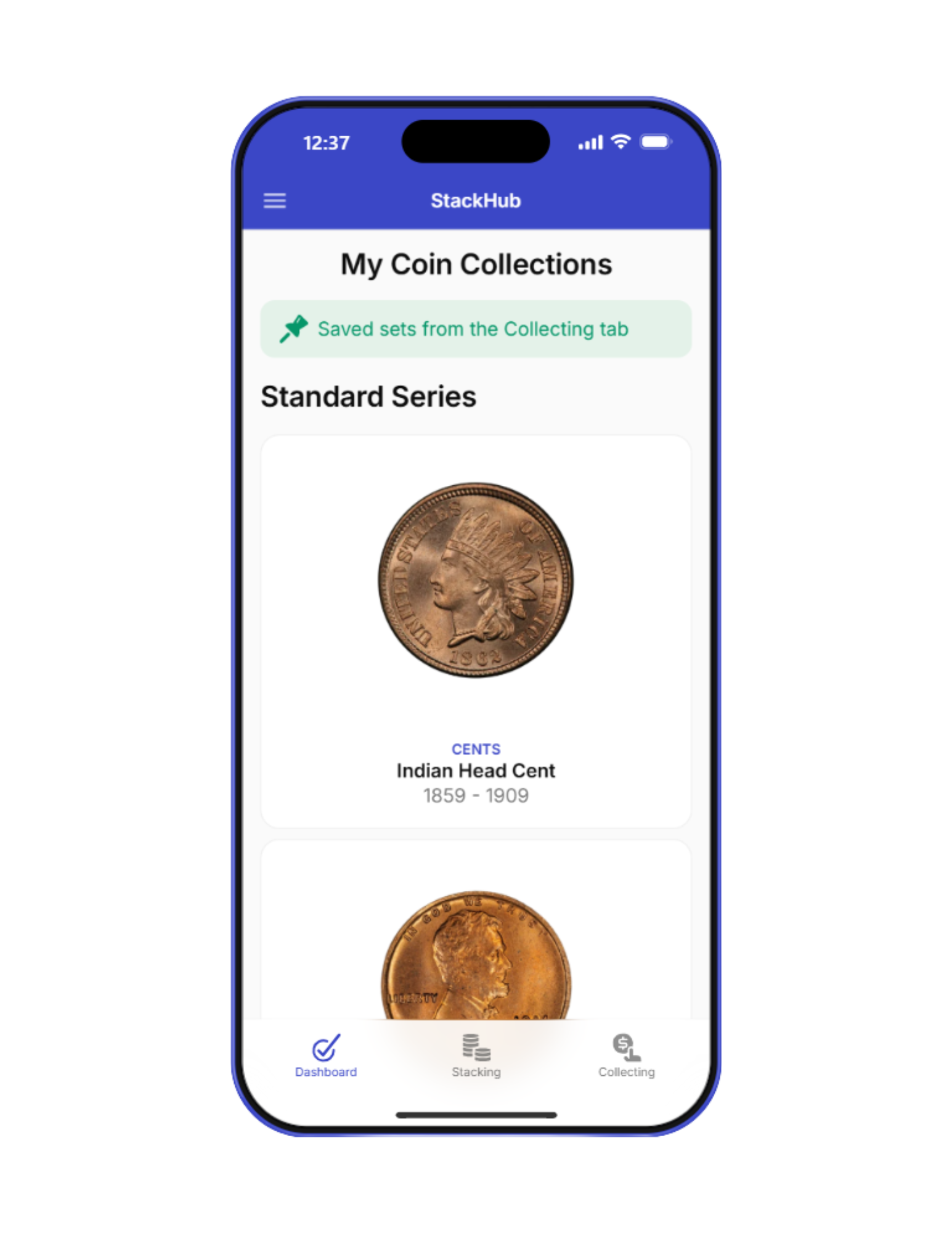 image of phone with digital coin collection app showing saved coin sets