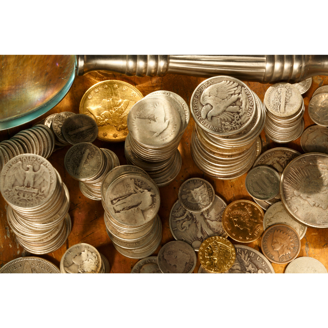 silver and gold coins with dates eagles liberty