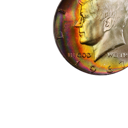 part of a half dollar silver coin date 1967 kennedy bust facing left