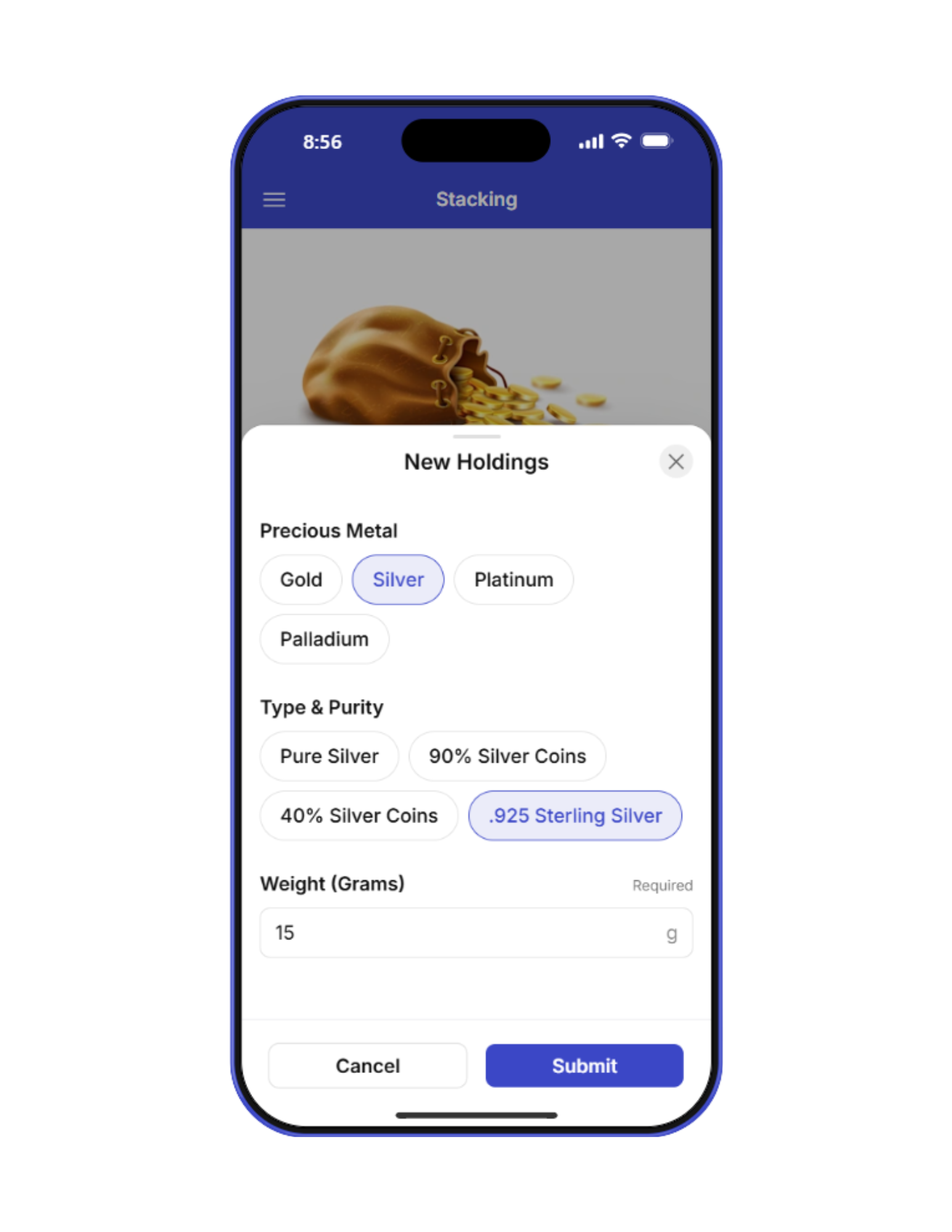 Mobile app screen showing options for creating new silver holdings, including metal type, purity, and weight, with buttons for cancel or submit.