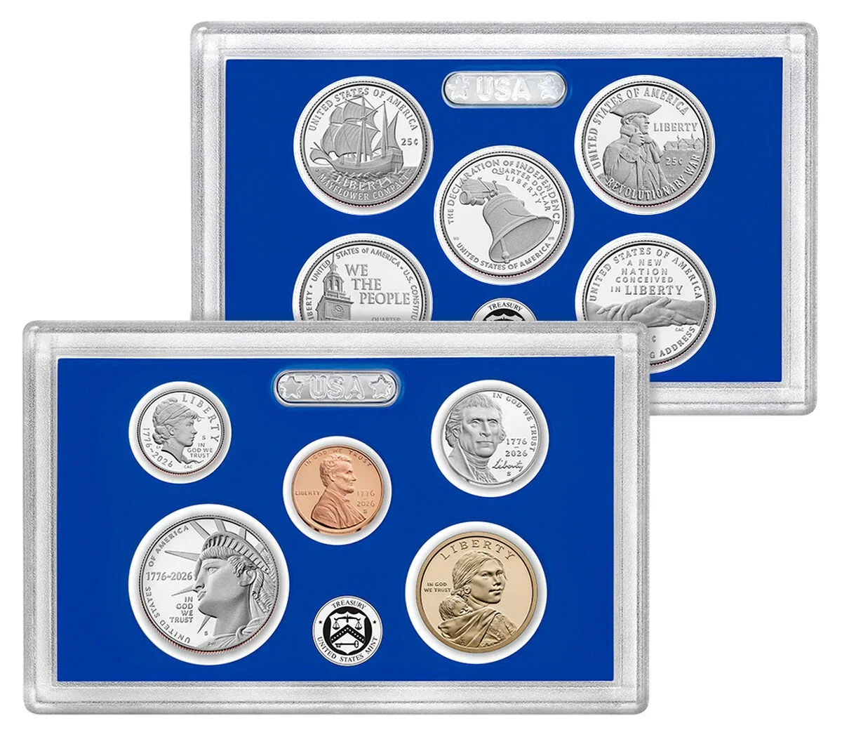 two rectangular USA coins proof sets with blue backing and silver / copper / gold coins within
