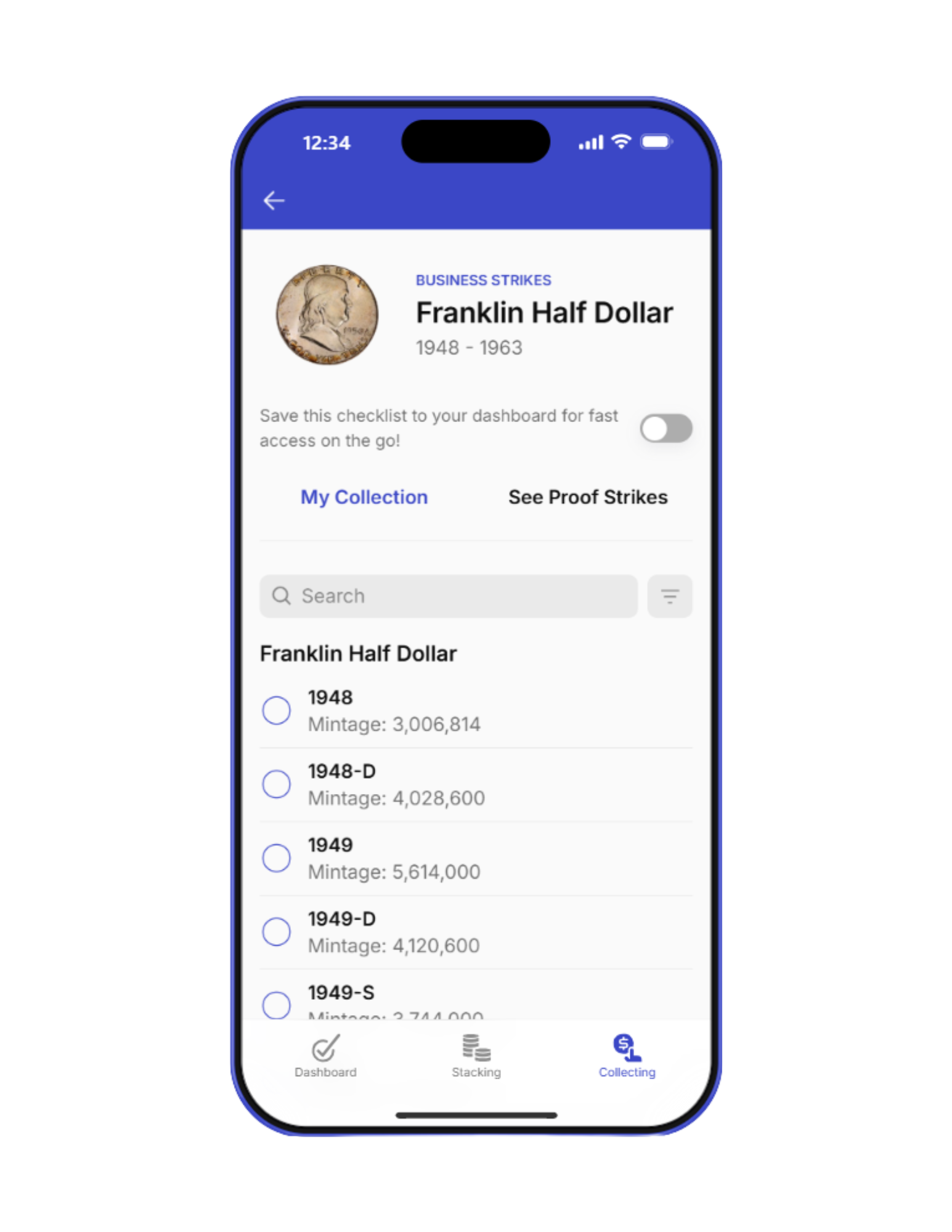 image of a coin digital coin collection app showing franklin half dollars