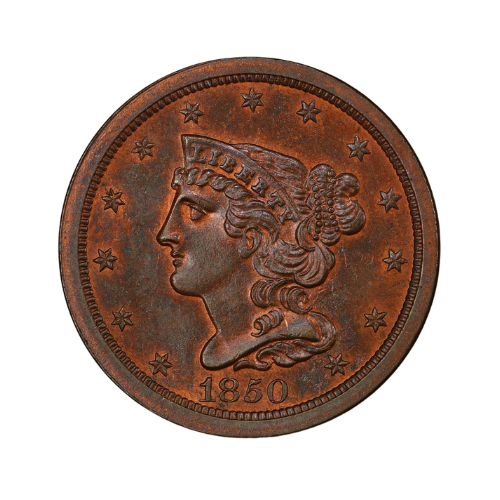coin showing 1850 Braided Hair Half Cent