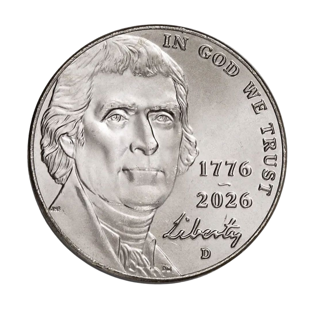 a silver colored nickel coin showing jefferson's face and the dates 1776 - 2026