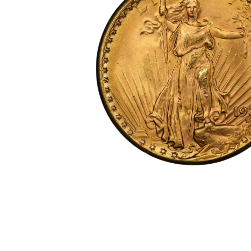 part of a st gaudens gold double eagle coin one side showing lady liberty